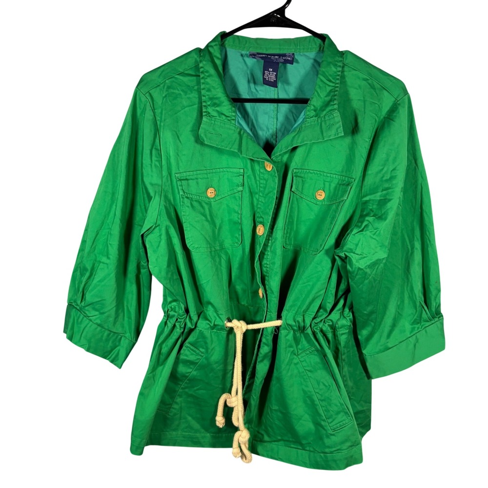 Susan Graver Style Jacket Womens 1X Green Drawstring Waist Utility Safari Coat
